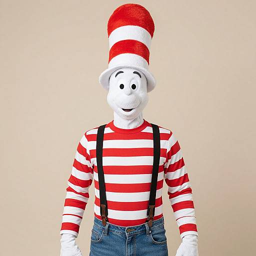 Photograph of a white, faceless, smiling plush toy wearing a red-and-white striped shirt, black suspenders, blue jeans, and a tall