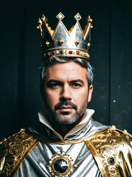 Man in Silver and Gold Royal Costume with Crown