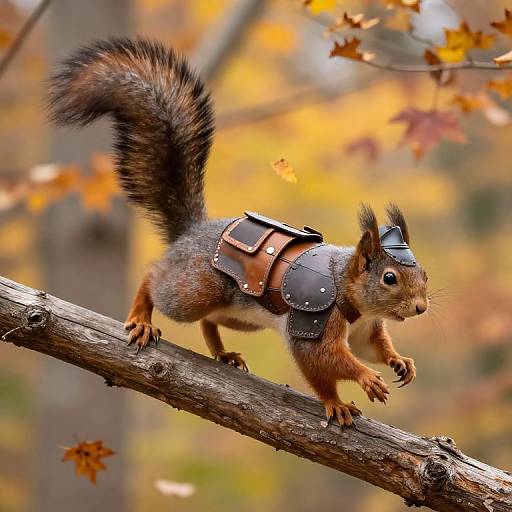 Photograph of a red squirrel with medieval-style leather armor, standing on a tree branch amidst autumn leaves, with a blurred, colorful forest background.