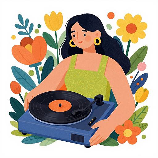 Illustration of a smiling woman with long black hair, yellow dress, and gold earrings, playing a blue vinyl record player surrounded by colorful flowers and leaves