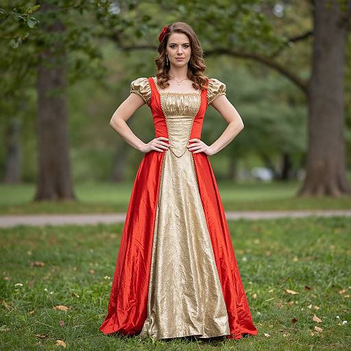 Photograph of a woman with wavy brown hair, wearing a gold and red ball gown with puffed sleeves, standing confidently in a lush green park