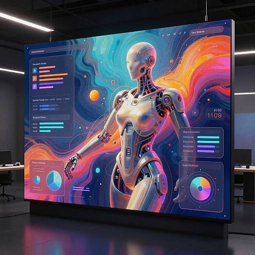 Digital artwork of a futuristic, glowing humanoid robot with metallic skin, set against a vibrant, cosmic background with neon colors and tech interfaces.