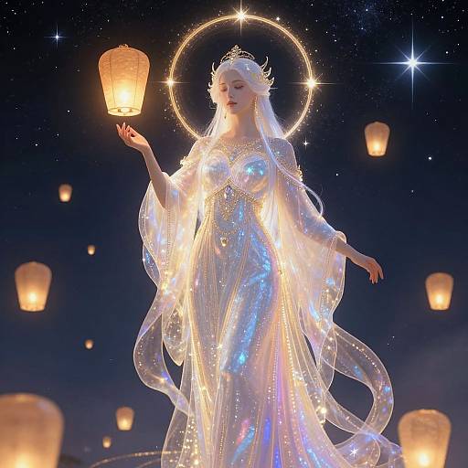 Digital artwork of a radiant, ethereal woman in a glowing, iridescent gown, releasing a paper lantern, surrounded by floating lanterns and stars