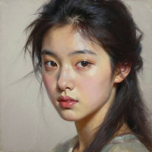 Realistic digital painting of an Asian woman with soft, glowing skin, dark hair, and subtle makeup, gazing slightly to the side.