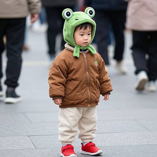 Boy in Frog Hat on Street