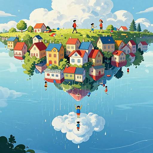 Colorful digital illustration of a floating island with red, blue, and yellow houses, children playing, and a boy falling from a cloud into a blue