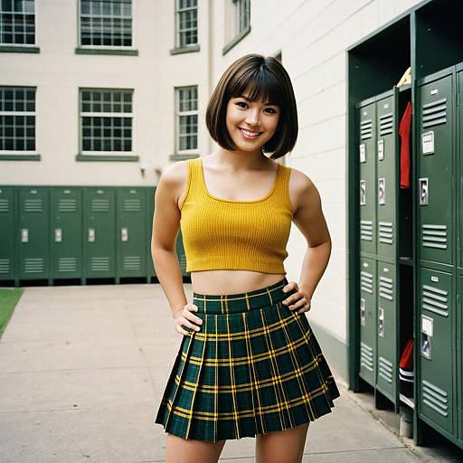 Woman in Mustard Crop Top and Plaid Mini Skirt