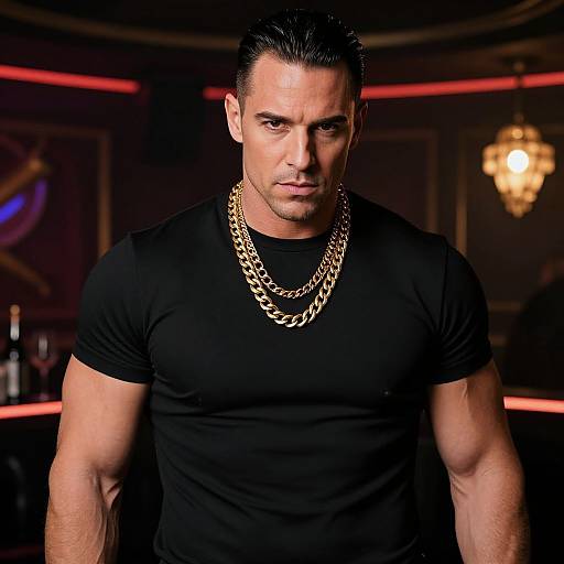 Muscular Man in Black T-shirt with Gold Chains