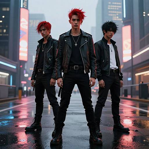 Men with Red and Black Hair in Futuristic Cityscape