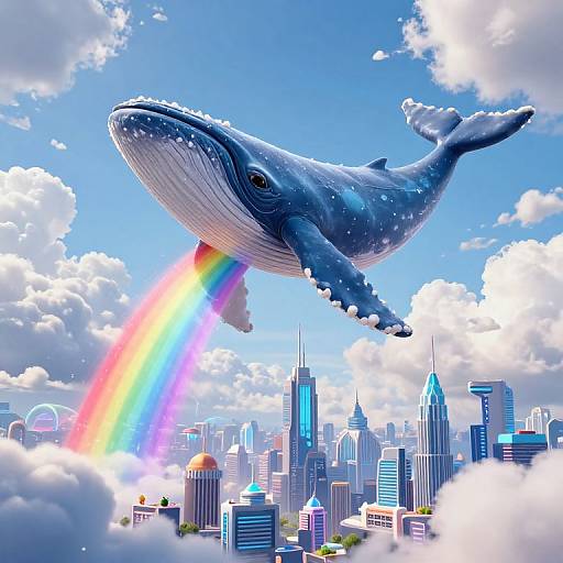 Digital artwork of a giant blue whale soaring above a cityscape, with a vibrant rainbow streaming from its blowhole. Clouds and skyscrapers fill