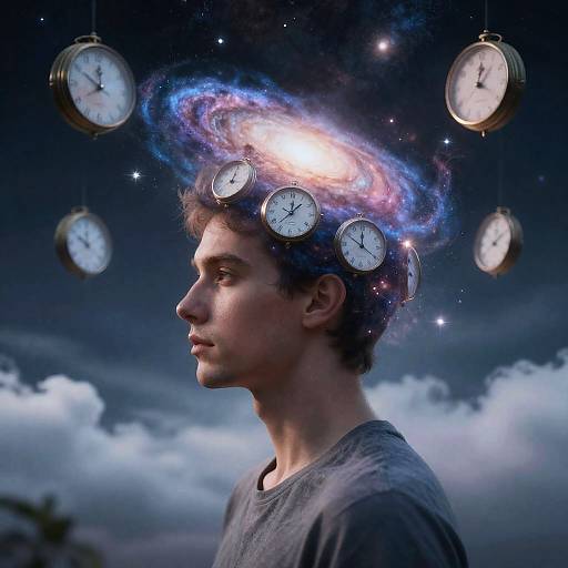 Photograph of a young man with a clock-filled, galaxy-haloed head, wearing a gray shirt, against a night sky with clouds.
