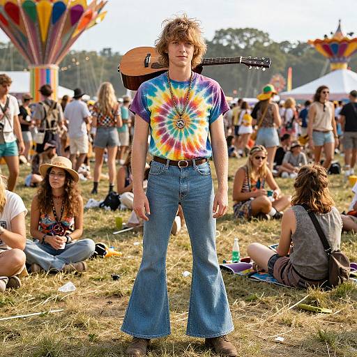 Photograph of a young man with curly hair, wearing a tie-dye shirt, blue flared jeans, and a guitar strap, standing in a