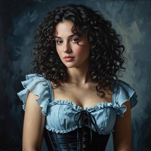 Curly Haired Woman in Blue Ruffled Top and Black Corset
