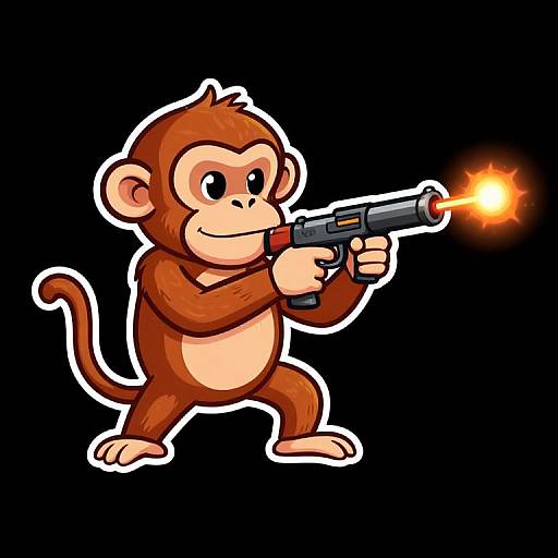 Cartoon monkey with brown fur, white face and belly, holding a black handgun firing an orange flame, set against a black background.