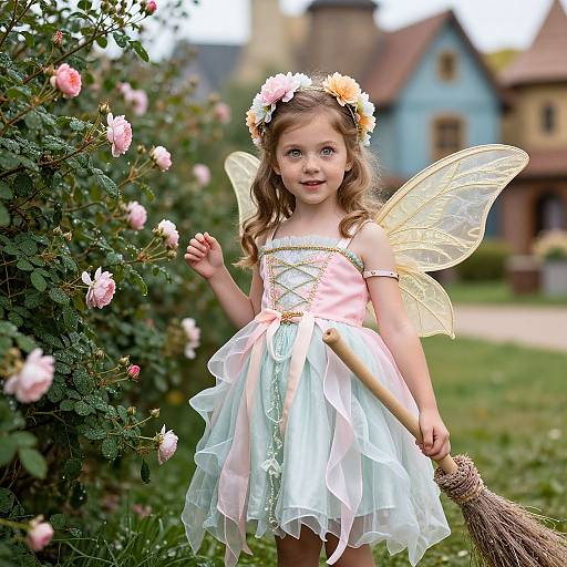 Photograph of a young girl with fair skin and wavy brown hair, wearing a pink and white fairy dress, flower crown, and translucent wings,