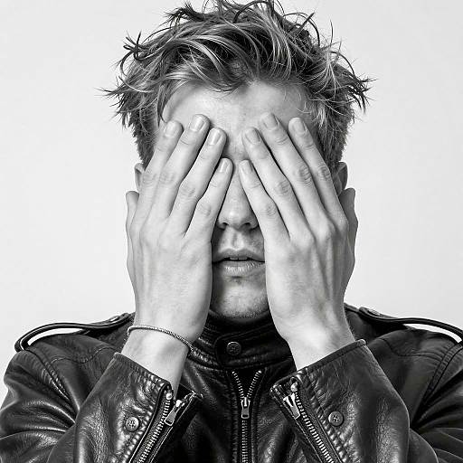 Person Covering Eyes in Leather Jacket