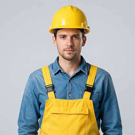 Photograph of a young, light-skinned man with short dark hair, wearing a yellow hard hat and yellow overalls over a blue denim shirt,