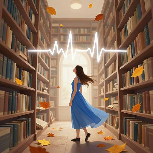 Digital illustration of a woman in a flowing blue dress standing between two bookshelves, with autumn leaves and a white ECG line above her.
