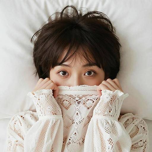 Photograph of a young person with short, dark hair, peering over a white, lace-patterned, long-sleeve shirt, lying on