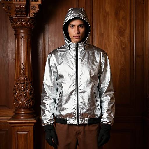 Metallic Jacket with Ornate Wooden Backdrop