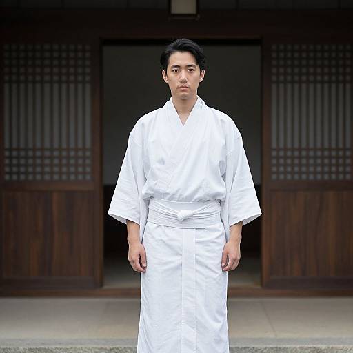 Photograph of a serious Asian man with short black hair, wearing a white karate gi, standing in front of a traditional wooden building with lattice windows