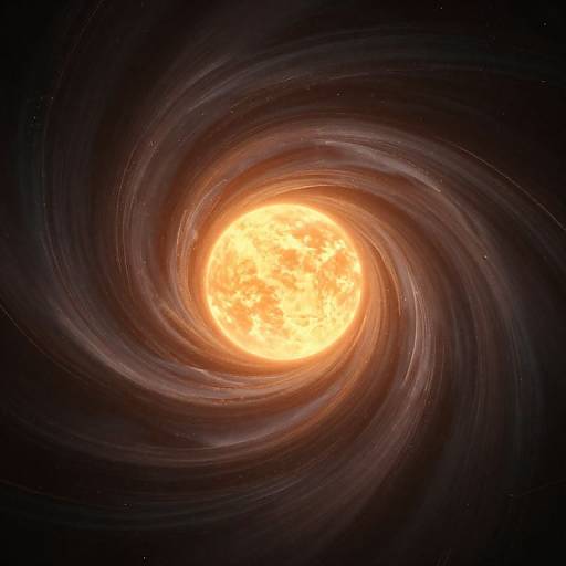Photorealistic digital art of a bright, glowing, orange-yellow sun at the center of a dark, swirling galaxy with red and black nebulous rings