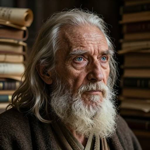 Photograph of an elderly man with a long white beard, blue eyes, and wrinkled face, surrounded by stacked books in a dimly lit library