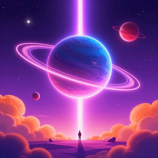 Digital artwork of a lone figure standing on a planet's surface, gazing at a vibrant, neon-lit, ringed planet with a bright,