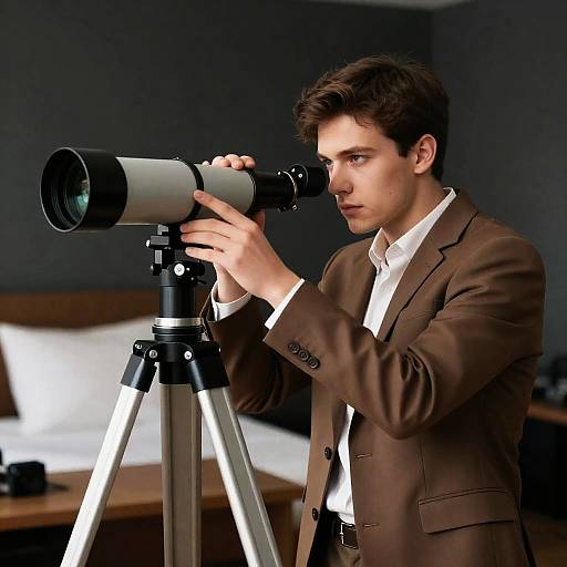 Young Man with Telescope in Dark Room