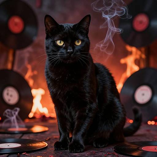 Photograph of a black cat with glowing yellow eyes sitting in front of a burning fire, surrounded by vinyl records with smoke curling upwards.