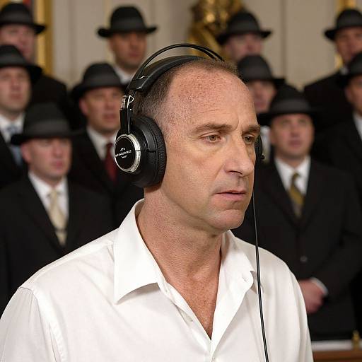 Man Wearing Vintage Headphones with Choir in Background