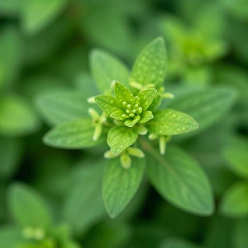 Close-up photograph of a bright green, star-shaped plant with textured leaves and small, rounded buds in the center. Blurred green foliage background.