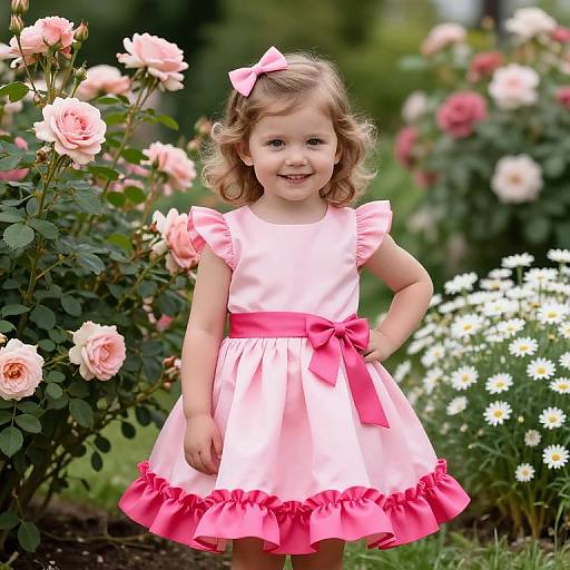 Photograph of a smiling, curly-haired young girl in a pink dress with pink bow and pink trim, standing in a blooming garden with pink and