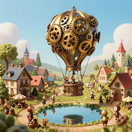 Whimsical CGI scene: steampunk airship with large gears over a quaint village, people in vintage clothes, sunny day, blue sky,