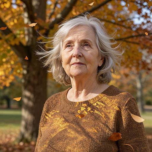 Photograph of an elderly woman with short gray hair, wearing a brown autumn-patterned sweater, standing in a park with yellow-orange leaves in the background