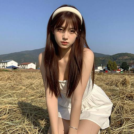 Serious Woman in Hay Field Portrait