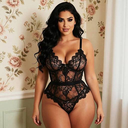Photograph of a curvy woman with long black hair, wearing a black lace, low-cut bodysuit, standing against a floral-patterned wallpaper