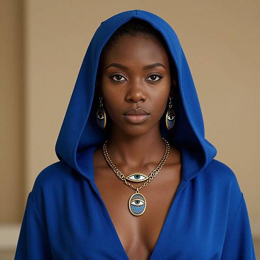 Photograph of a dark-skinned woman with a deep blue hooded robe, wearing eye-shaped necklace and earrings, against a beige background.