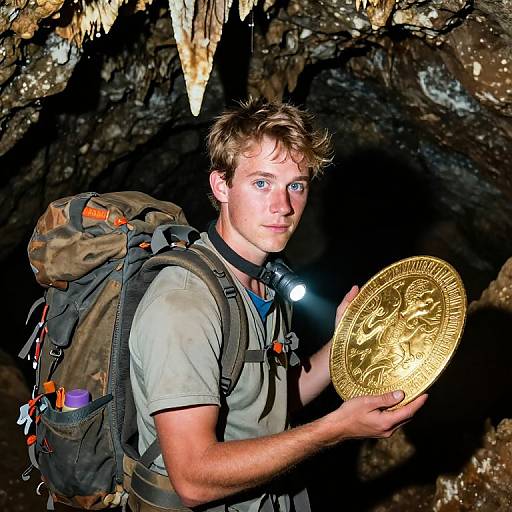 Young male caver with short blonde hair, holding a gold coin with intricate design, in a dimly lit cave. Wearing a gray shirt,