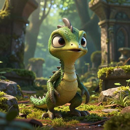 Pixar-Style Baby Cockatrice in Ruins