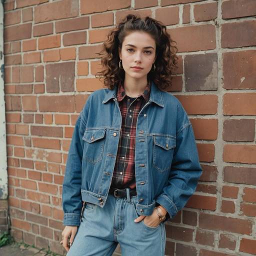 Retro 90s Woman with Denim Jacket and Curly Hair