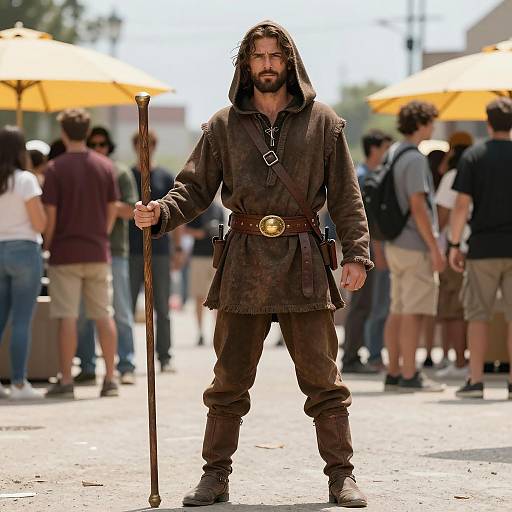Man in Brown Hooded Tunic Holding Wooden Staff