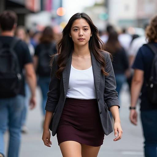 Photograph of an Asian woman with long black hair, wearing a black blazer, white tank top, and brown skirt, walking confidently in a busy