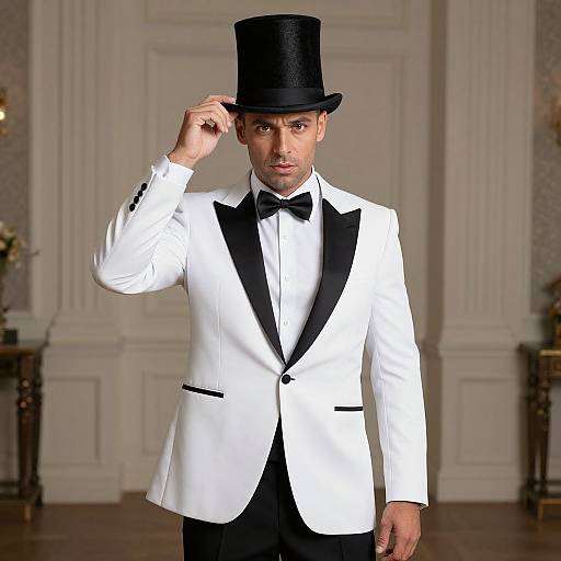 Photograph of a handsome man in a white tuxedo with black lapels, black bow tie, and black top hat, standing in an elegant