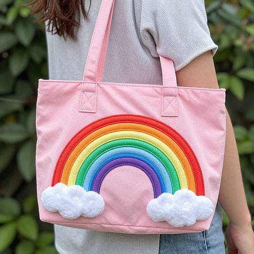 Photograph of a child wearing a white shirt, carrying a pink bag with a colorful rainbow and white clouds.