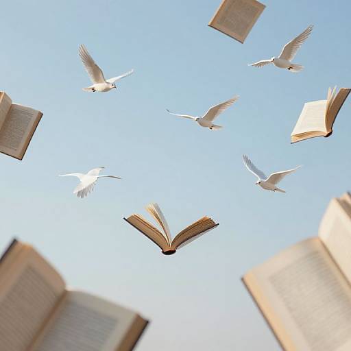 Photograph of six white doves flying amidst open, floating books against a clear blue sky, creating a whimsical, dreamlike scene.