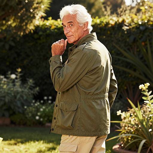 Photograph of an elderly man with white hair, wearing a green jacket and beige pants, standing in a sunlit garden, looking contemplative with hands