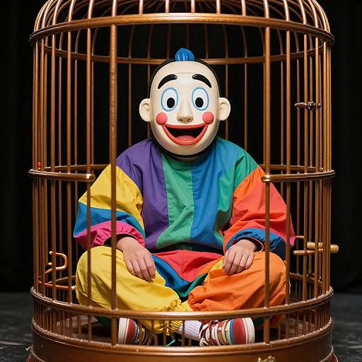 Surreal Cartoon Masked Cage Scene