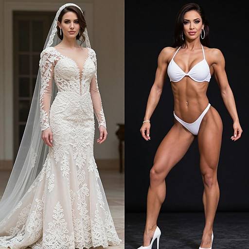 Photograph: Left, brunette woman in white lace wedding dress with veil; right, same woman in white bikini, muscular, posing confidently.