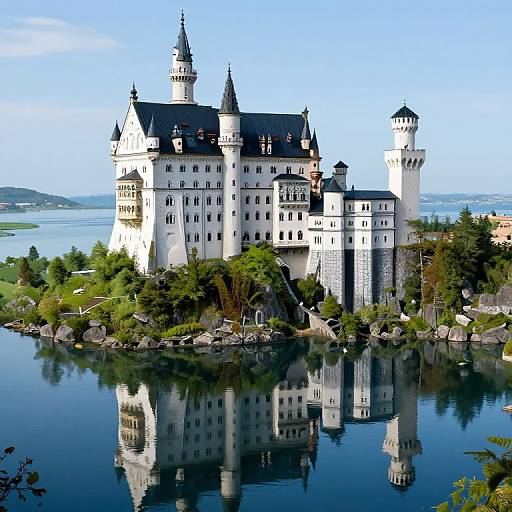 Photograph of Neuschwanstein Castle, Germany, reflecting in a calm lake, surrounded by greenery, with clear blue sky and distant hills.